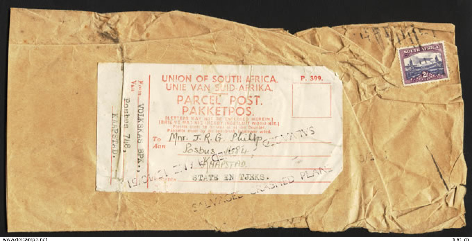 SOUTH AFRICA 1951 SAA PAARDEBERG CRASH PARCEL POST, SCARCE - Airmail