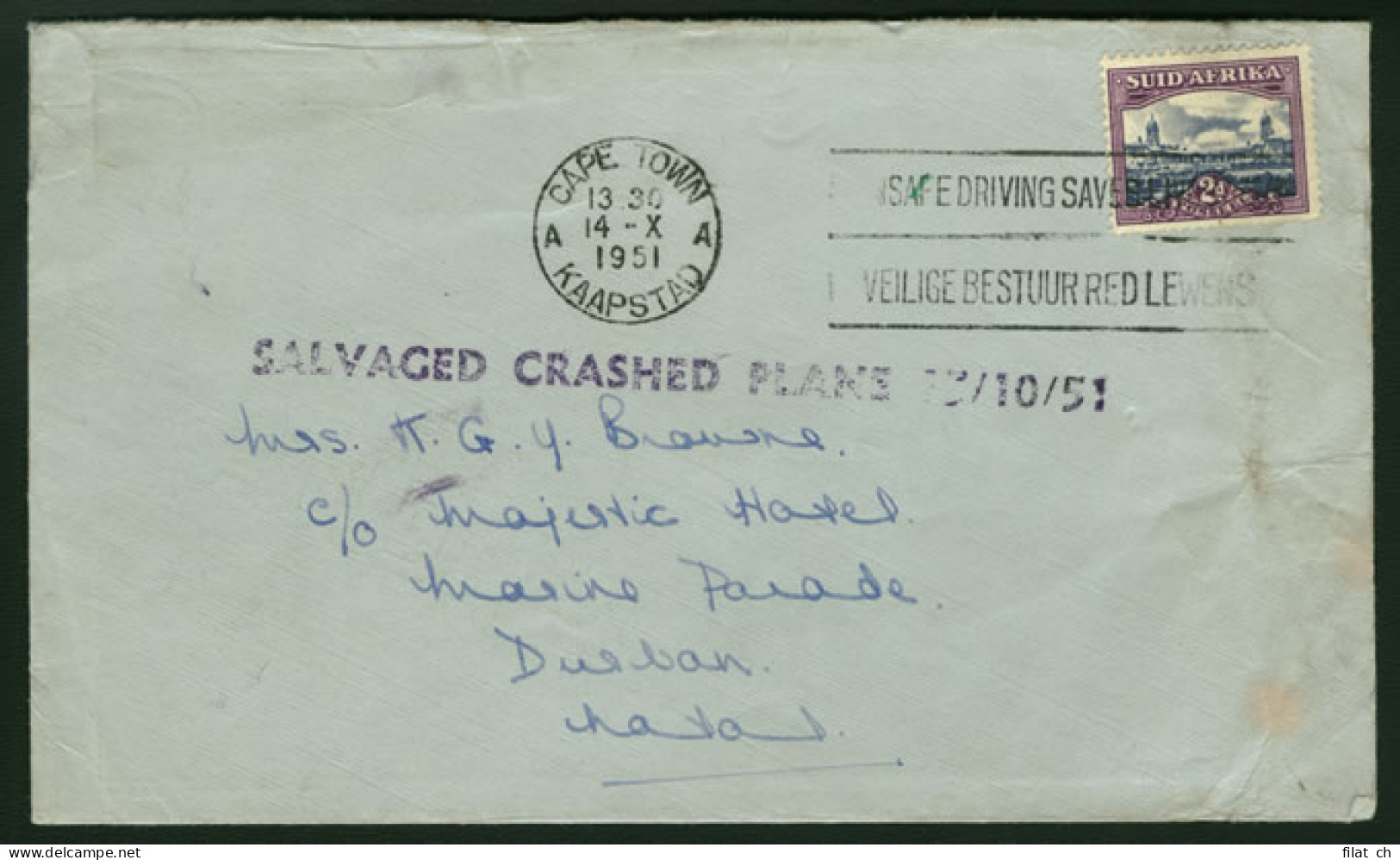 South Africa 1951 SAA Paardeberg Crash Cover, Scarce - Luchtpost