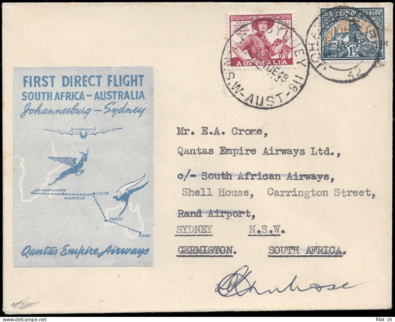 South Africa 1948 Qantas First Direct Joburg-Sydney, Signed - Poste Aérienne