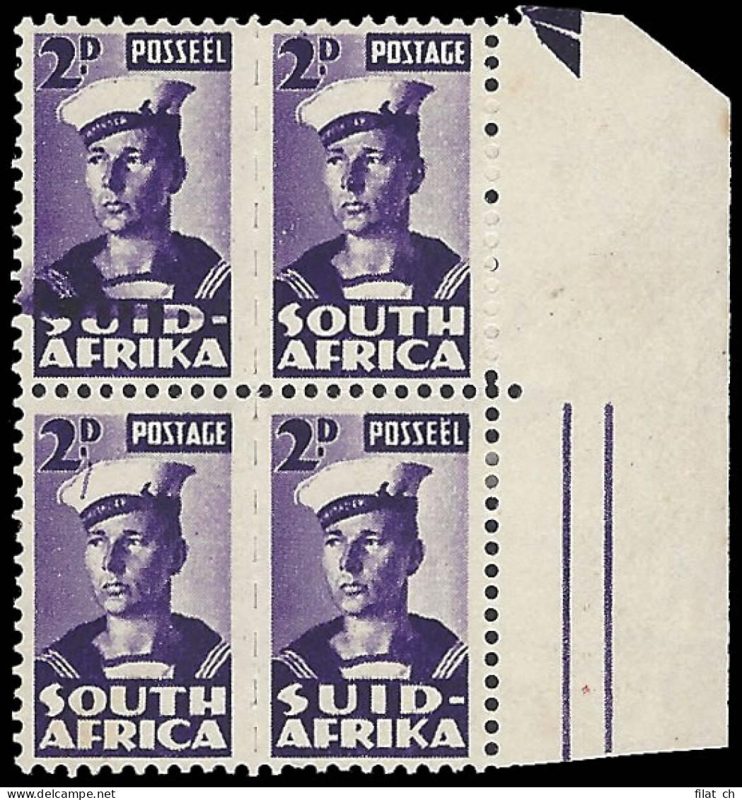 South Africa 1942 Bantam 2d Line On Cap Variety In Block - Ohne Zuordnung