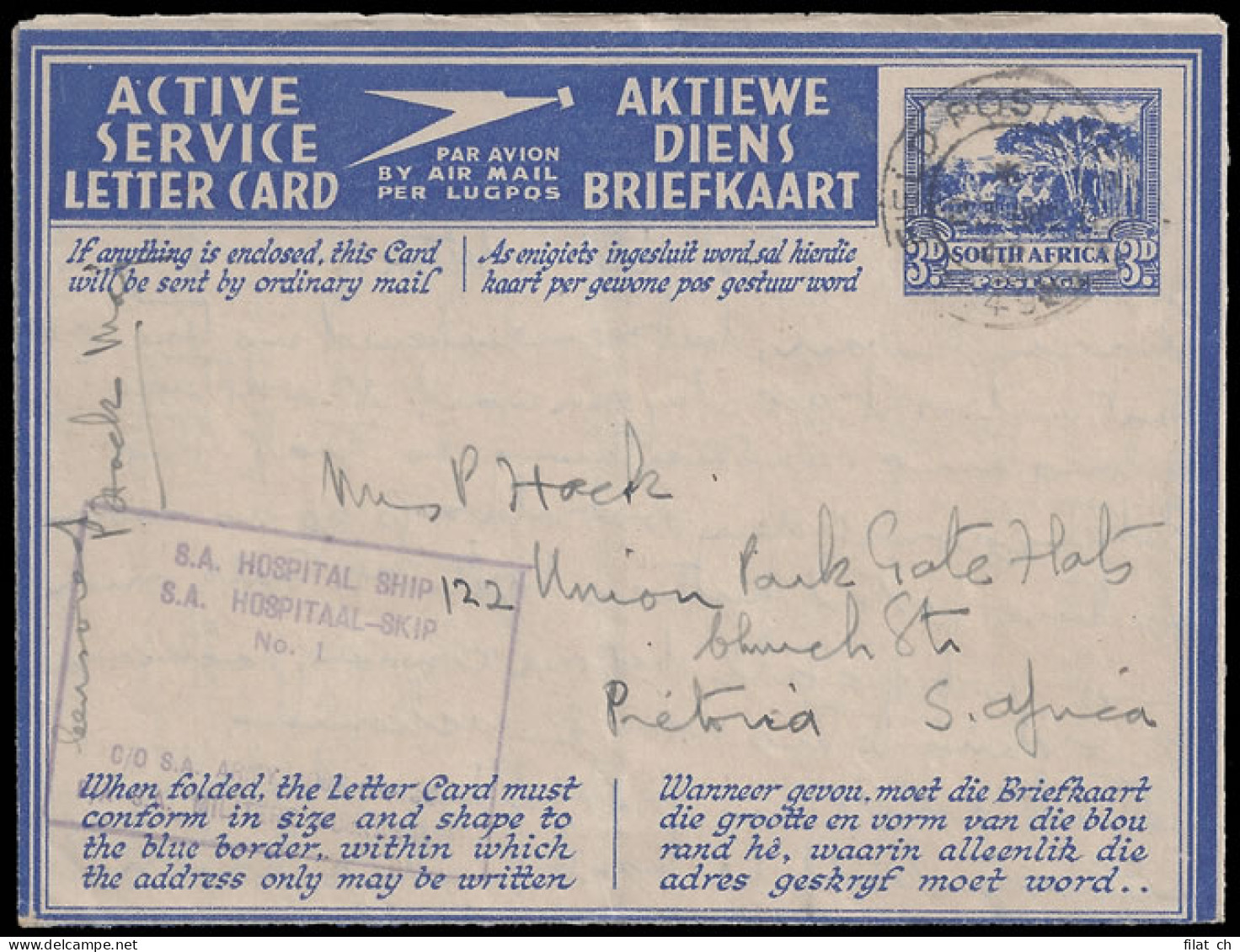 South Africa 1942  Aerogramme, Hospital Ship FPO Use - Poste Aérienne