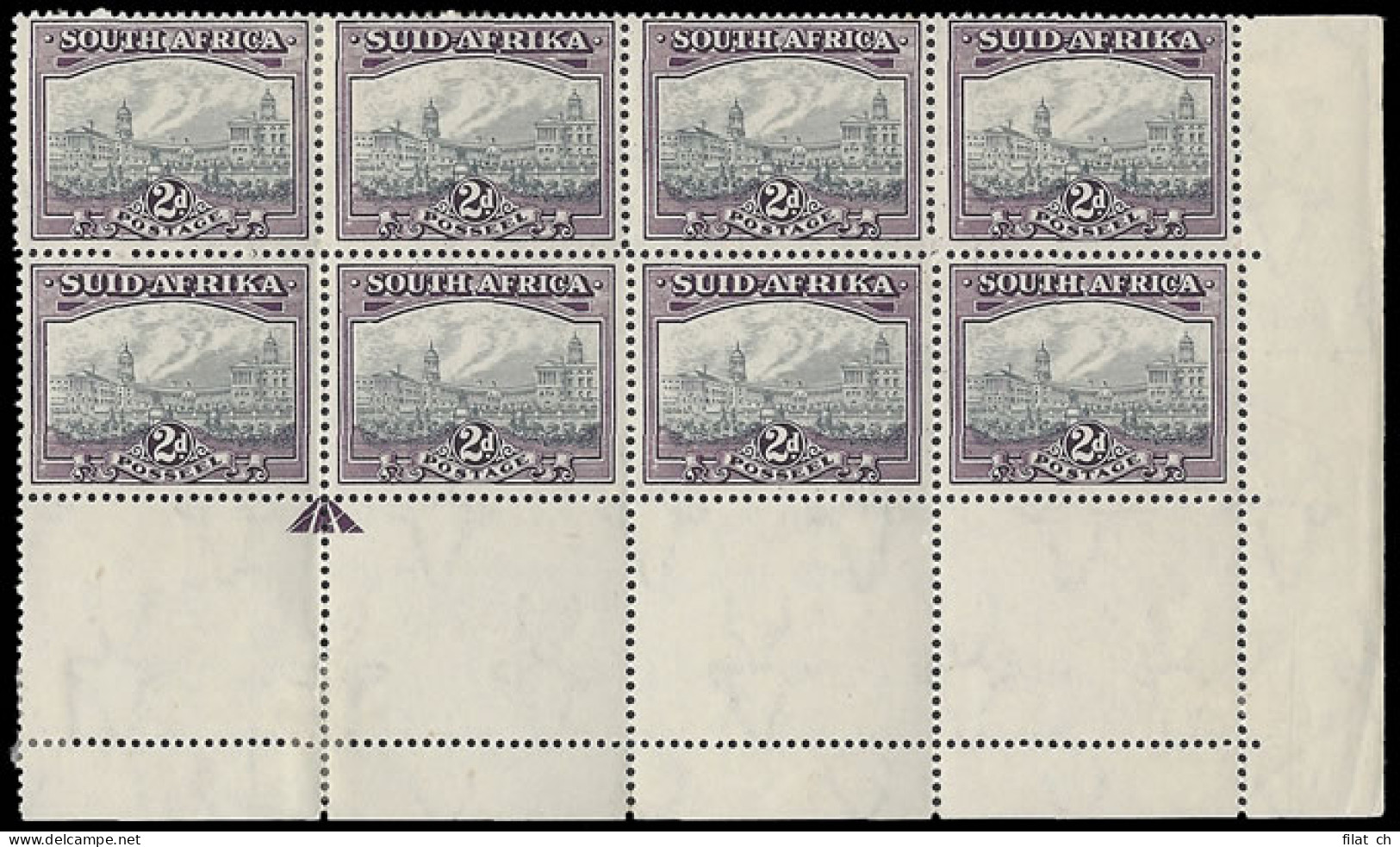 South Africa 1941 2d Grey & Dull Purple Arrow Corner Block - Unclassified