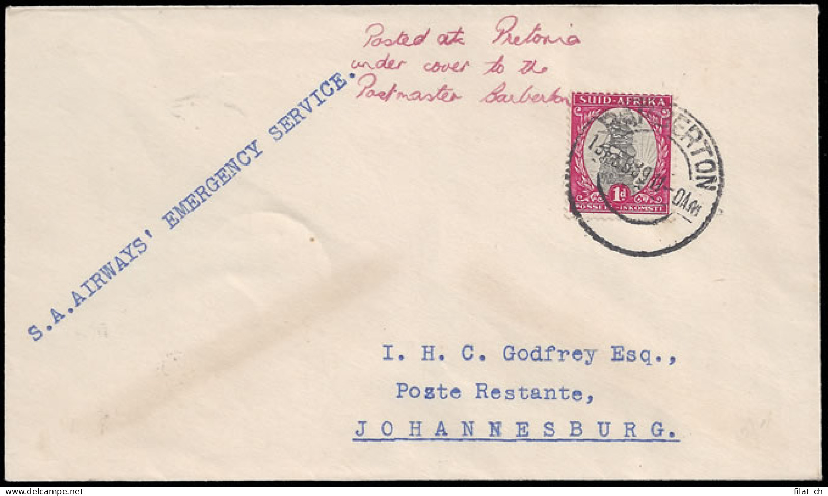 South Africa 1939 Barberton Flood Mail, Barberton To Joburg - Zonder Classificatie