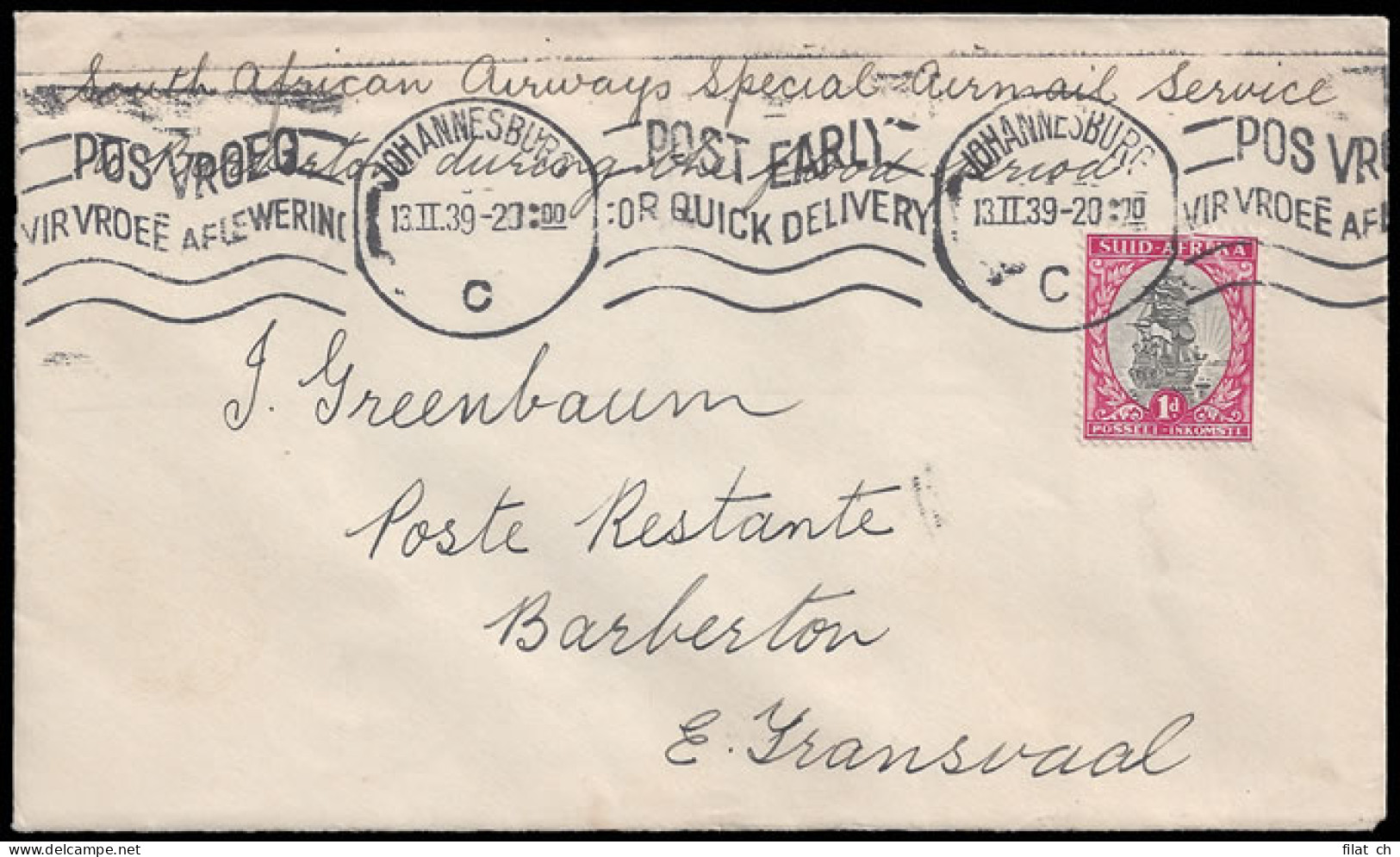 South Africa 1939 Barberton Flood Mail, Joburg To Barberton - Non Classés