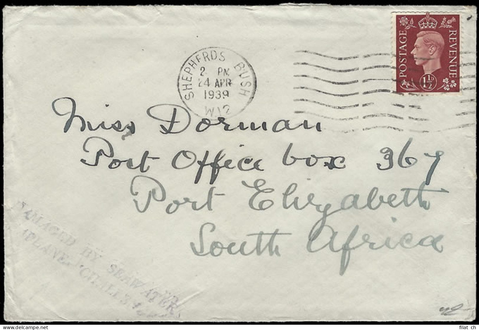 South Africa 1939 Challenger Seaplane Crash, East Cape Cachet - Airmail