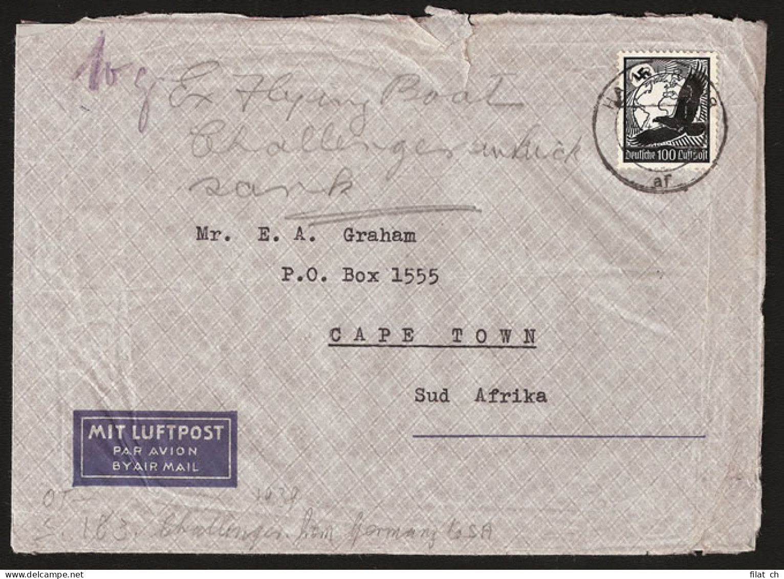 South Africa 1939 Challenger Crash Envelope From Germany - Luchtpost