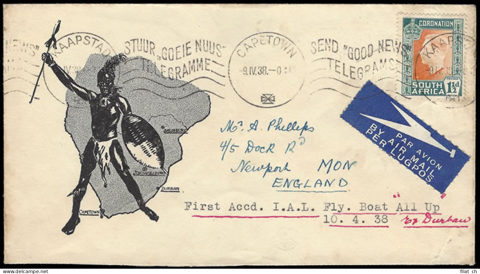 South Africa 1938 SAA & IA Accelerated Service Cape - London - Airmail