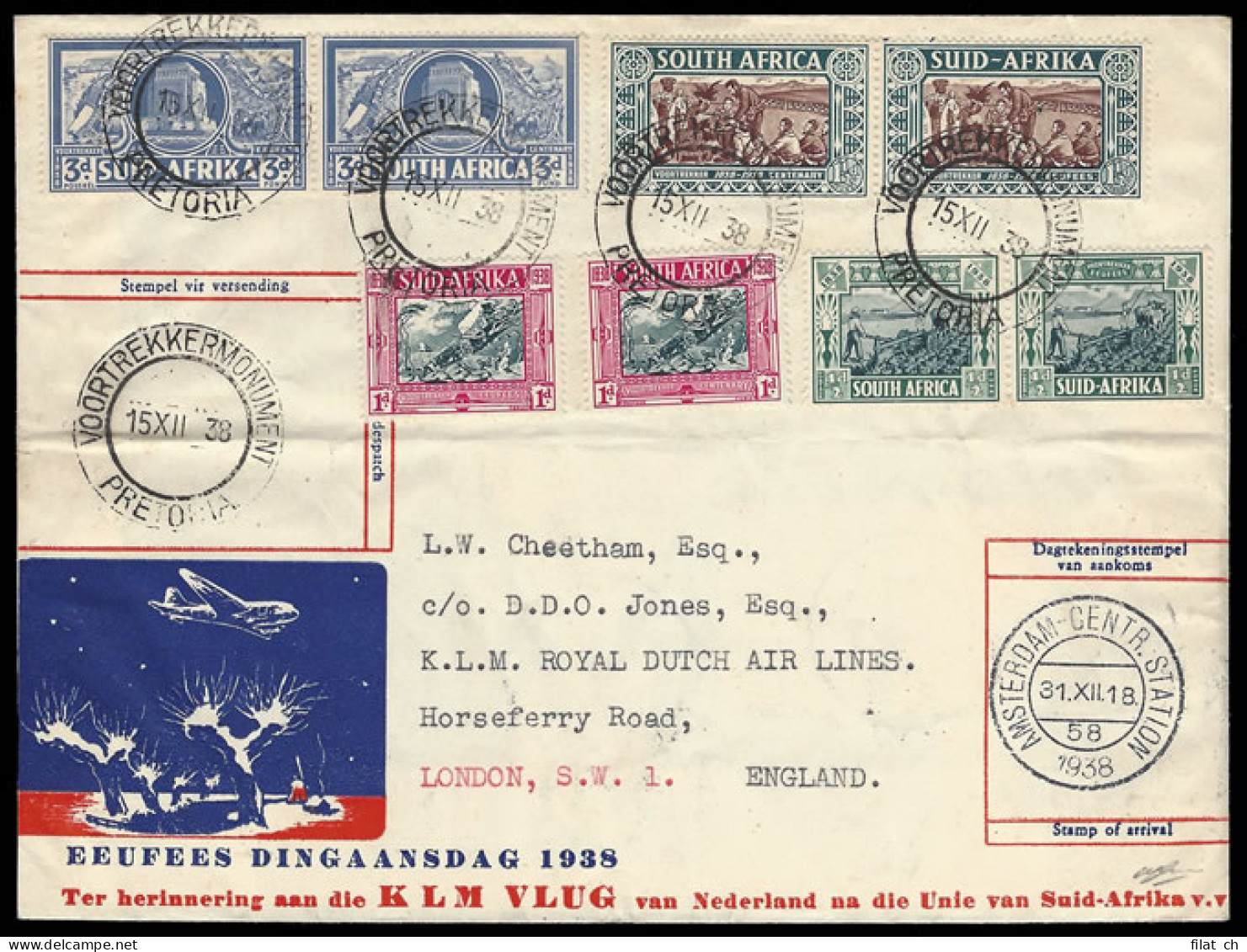 South Africa 1938 KLM Dingaan's Day Voortrekker Monument Flights - Luftpost