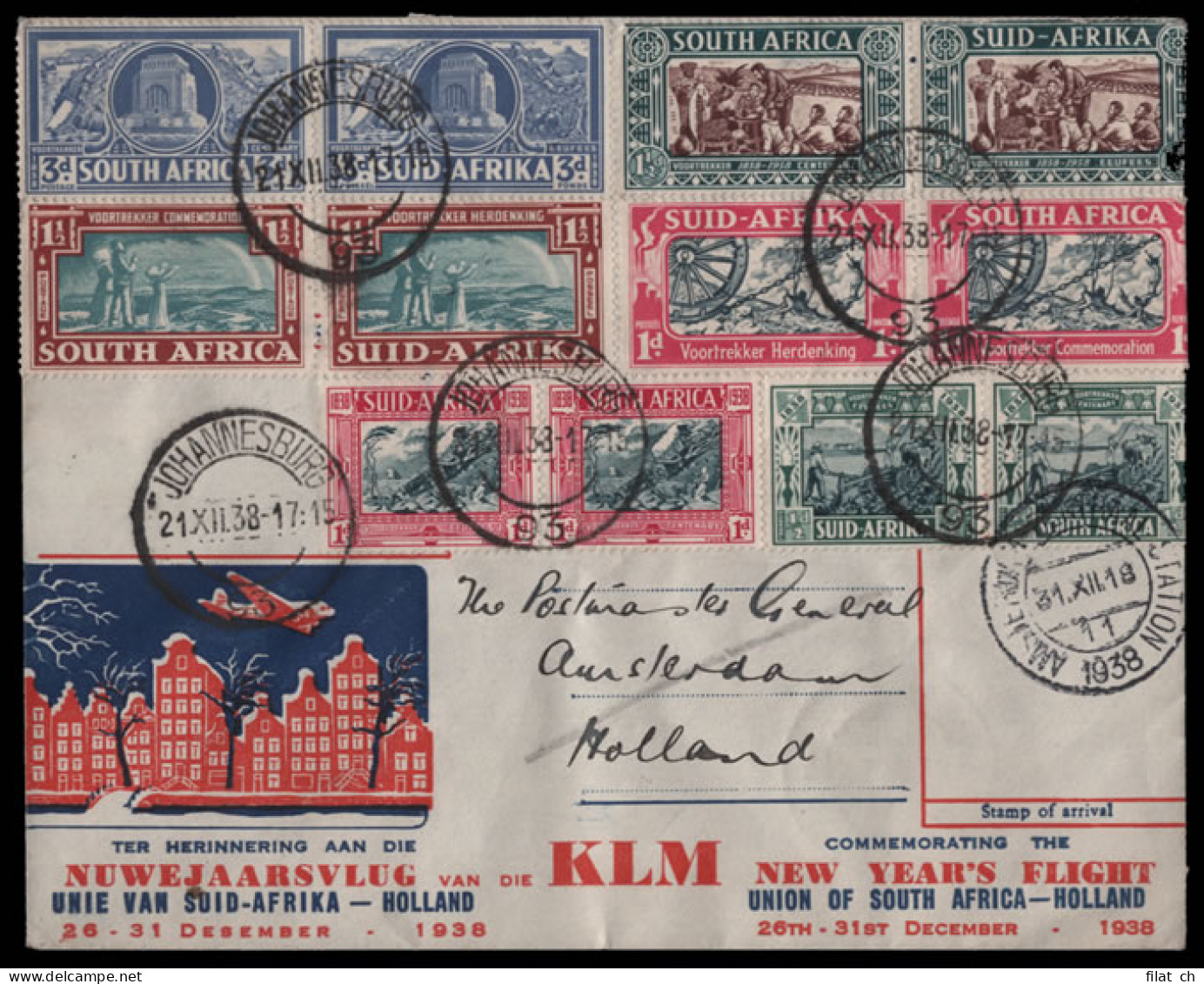 South Africa 1938 KLM New Years Day Voortrekker Monument Flight - Airmail