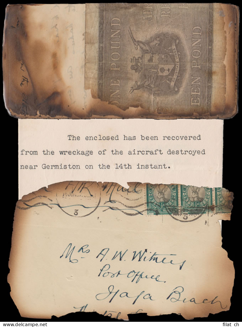 South Africa 1937 SAA Germiston Crash Cover With Â£1 Banknote - Luchtpost