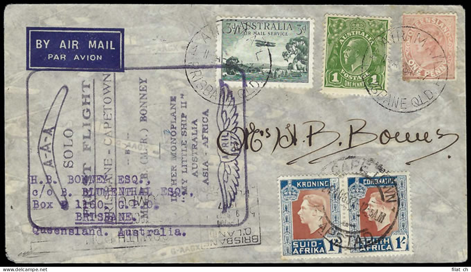 South Africa 1937 Mrs Bonney's Solo Brisbane - Cape Signed - Poste Aérienne