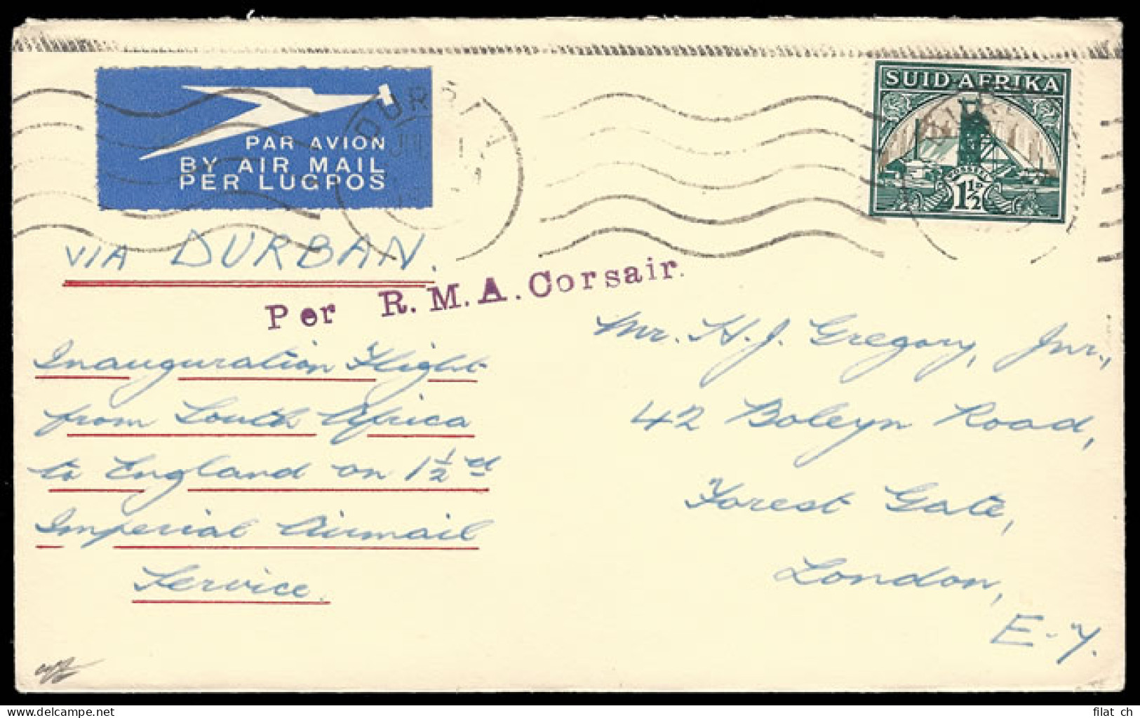 South Africa 1937 Empire Airmail First Flight "All-Up" 1Â½d Rate - Poste Aérienne