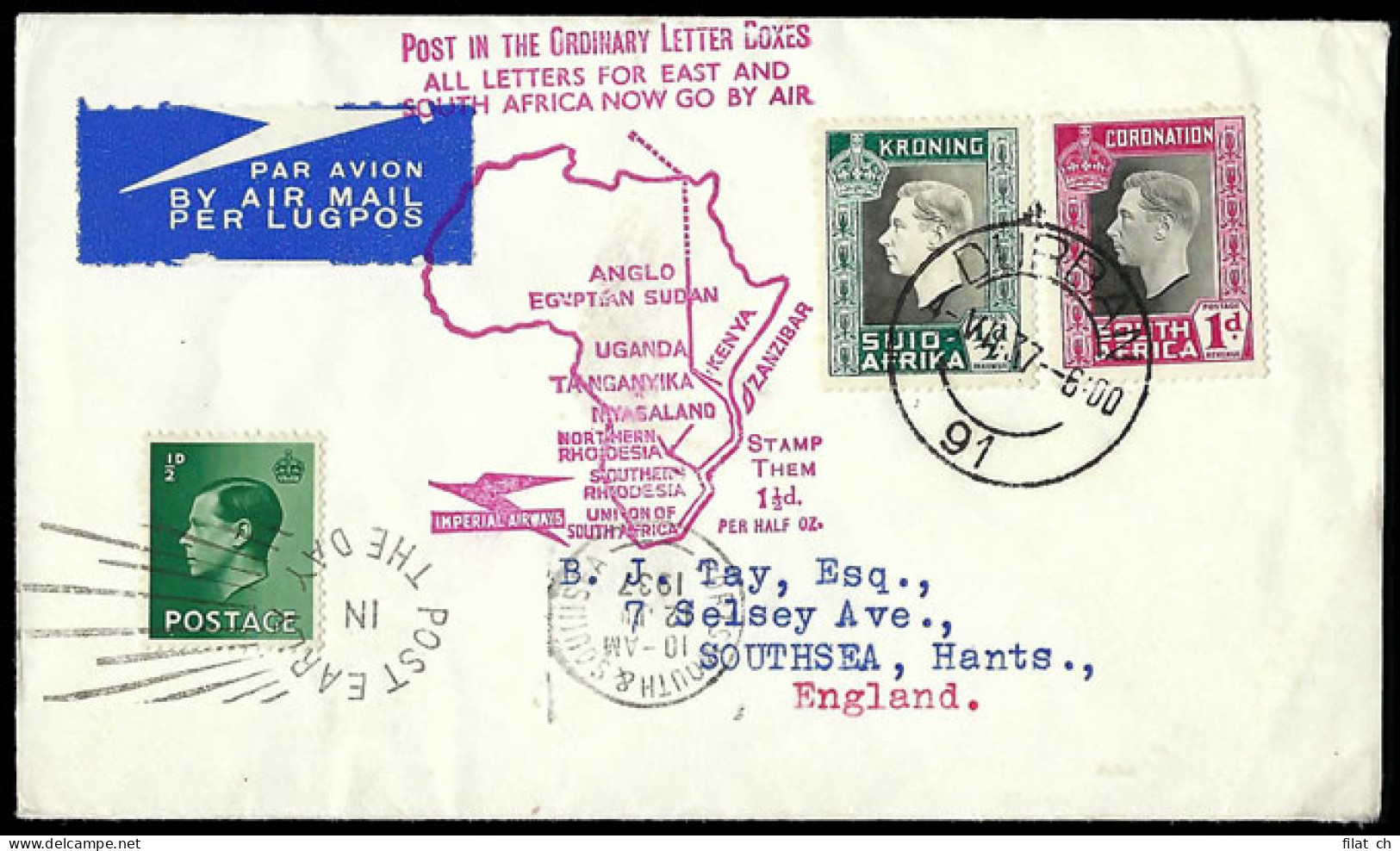 South Africa 1937 Empire 1Â½d Air Mail Scheme Second Northbound - Luftpost