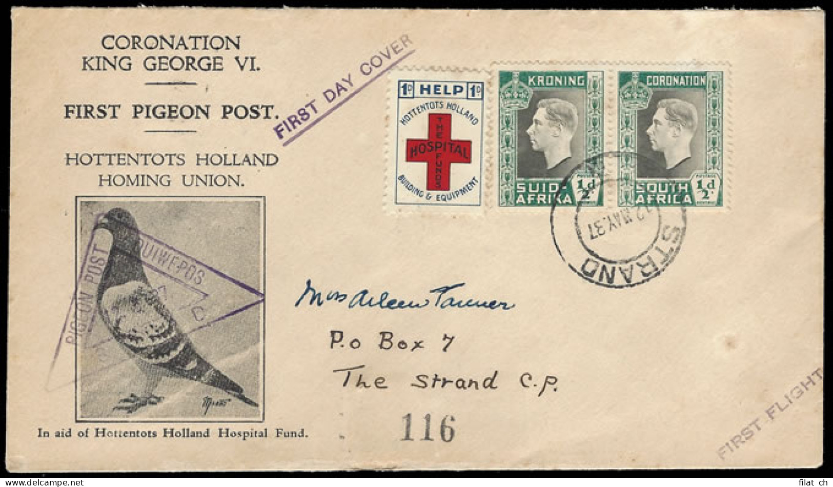 South Africa 1937 Coronation Pigeongram Cover With Charity Label - Poste Aérienne