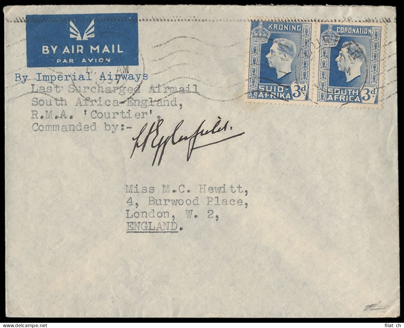South Africa 1937 Empire Flying Boats Last Surcharged, Signed - Airmail