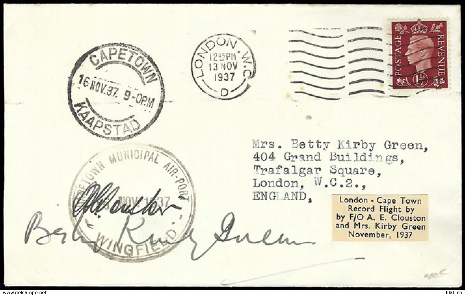 South Africa 1937 Clouston & Kirby Green London - Cape, Signed - Luchtpost