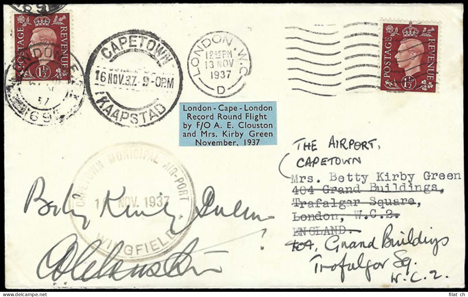 South Africa 1937 Clouston & Kirby Green Roundtrip Signed Cover - Airmail