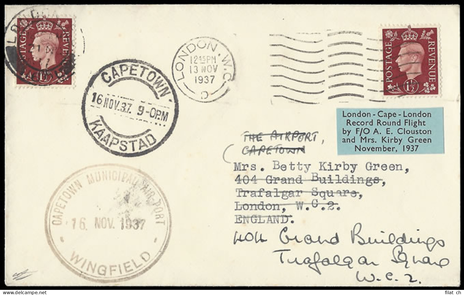 South Africa 1937 Clouston & Kirby Green Roundtrip Cover - Poste Aérienne
