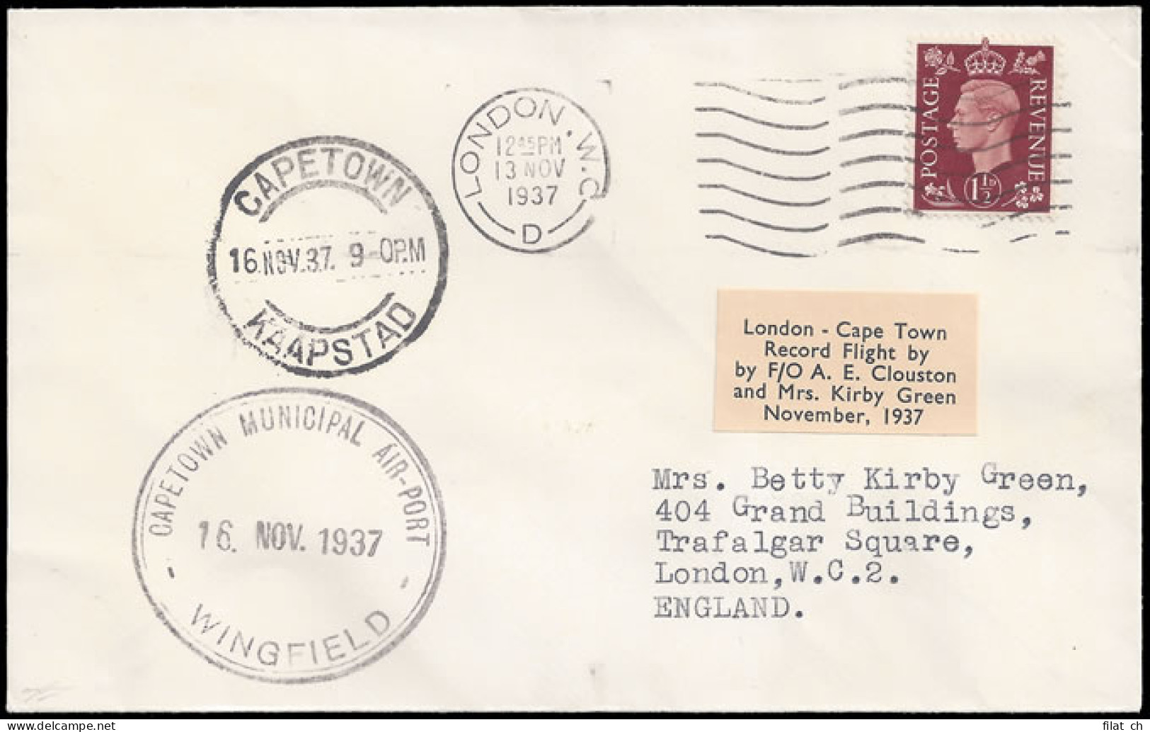 South Africa 1937 Clouston & Kirby Green London - Cape Flight - Airmail