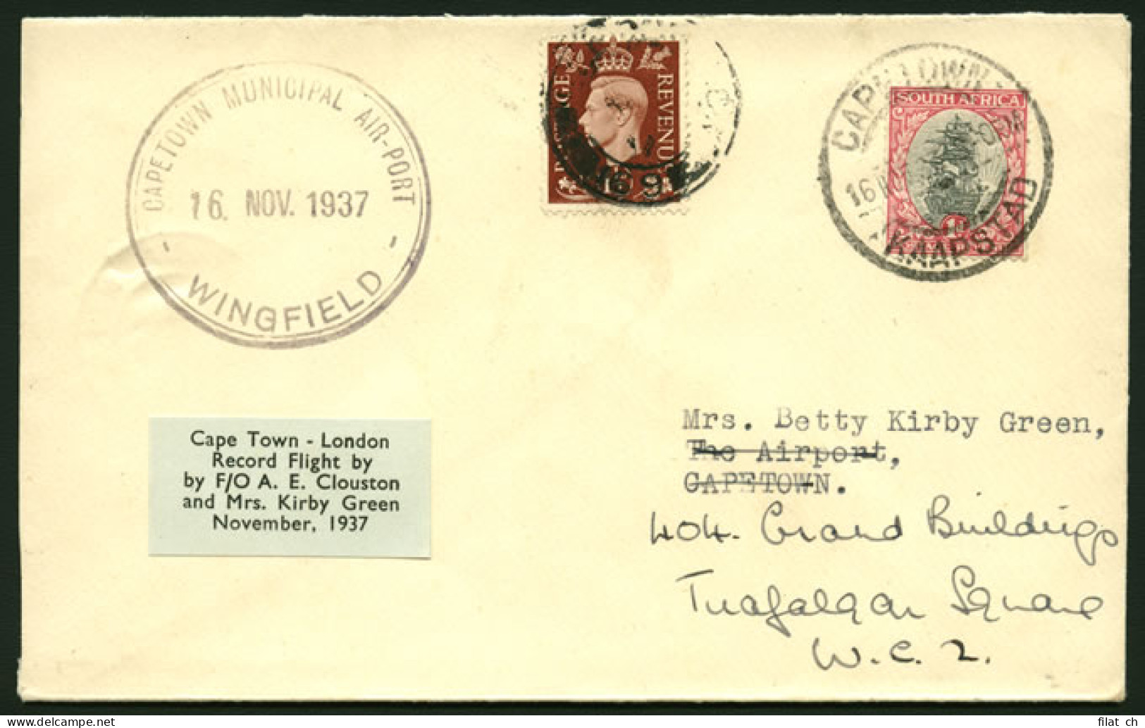 South Africa 1937 Clouston & Kirby Green Flight Cover - Luchtpost