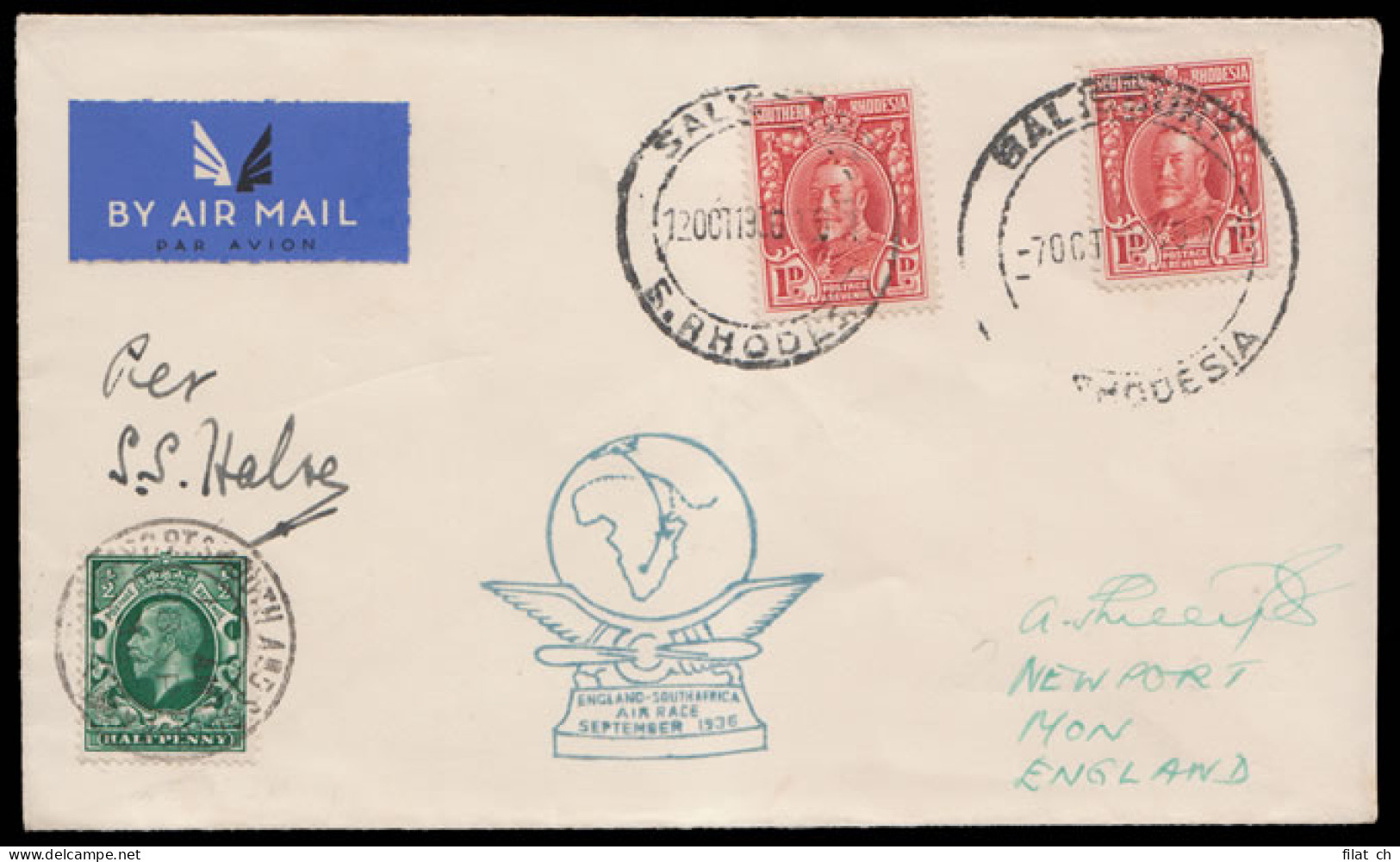 South Africa 1936 Schlesinger Air Race, Halse Signed Cover - Aéreo