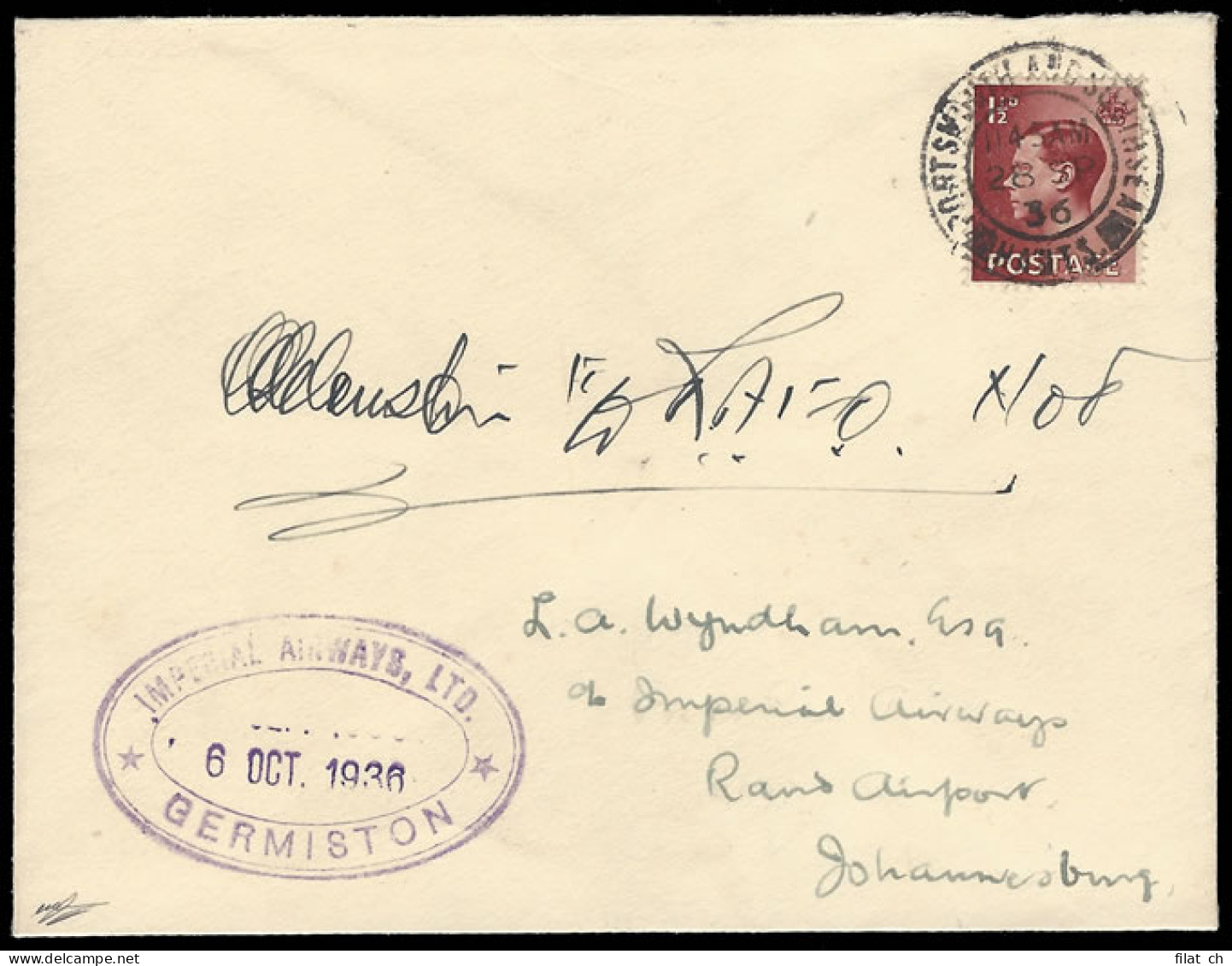 South Africa 1936 Schlesinger Air Race, Clouston Signed Cover - Luchtpost