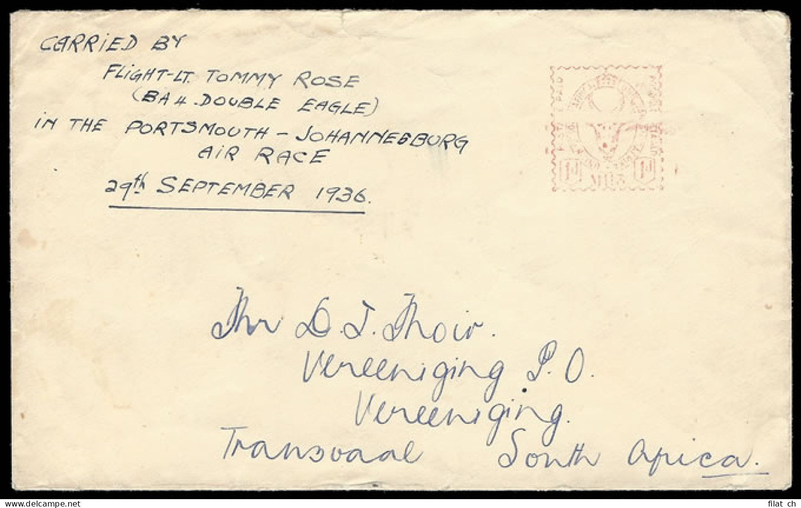 South Africa 1936 Schlesinger Air Race Tommy Rose Personal Cover - Poste Aérienne