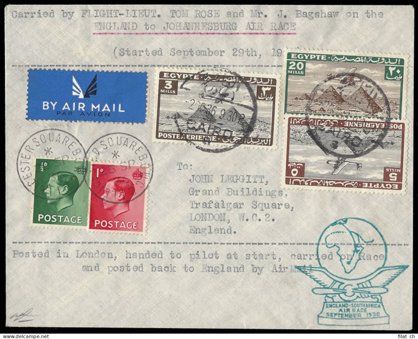 South Africa 1936 Schlesinger Air Race Rose & Bagshaw Signed - Luchtpost