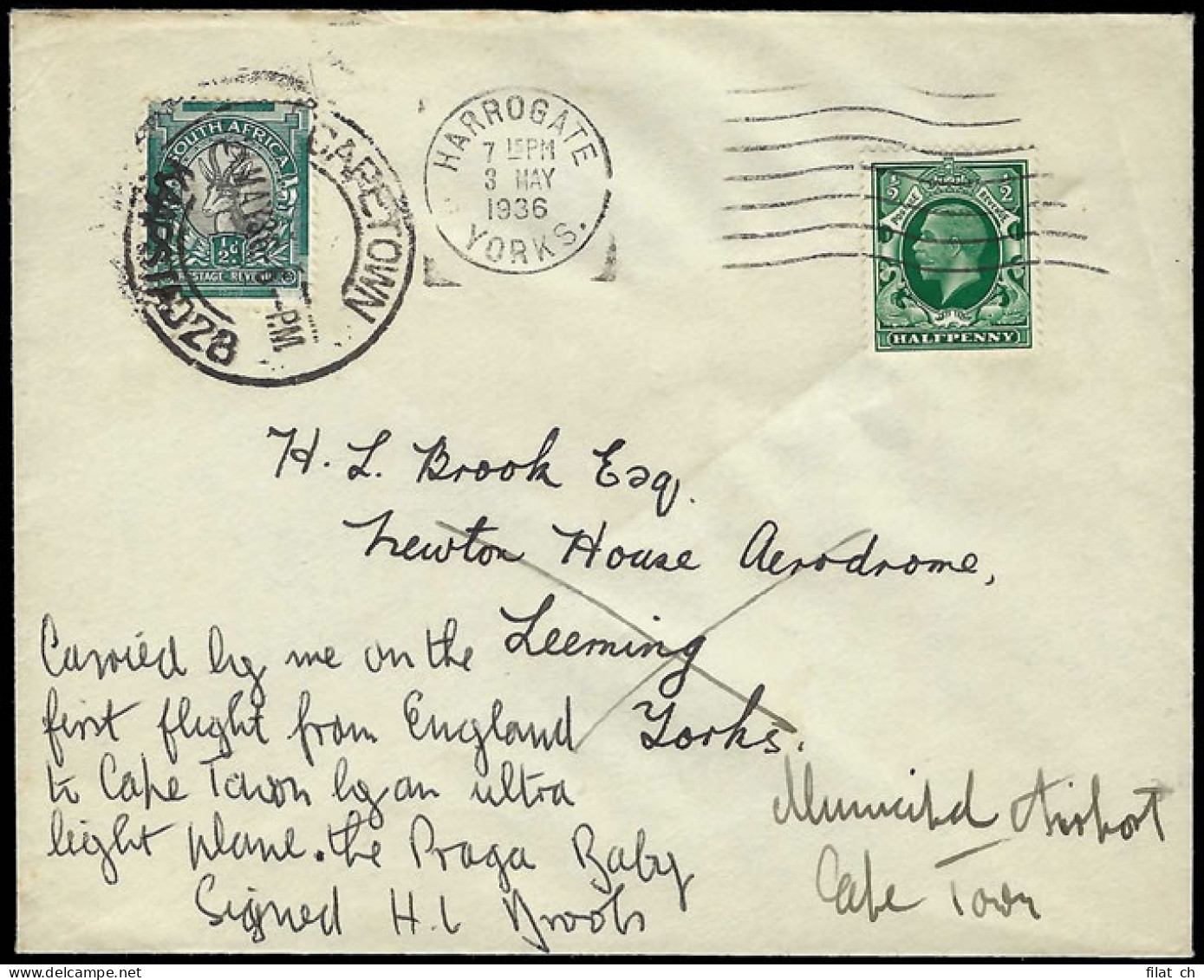 South Africa 1936 Praga Baby Flight Cover, Manuscript - Poste Aérienne