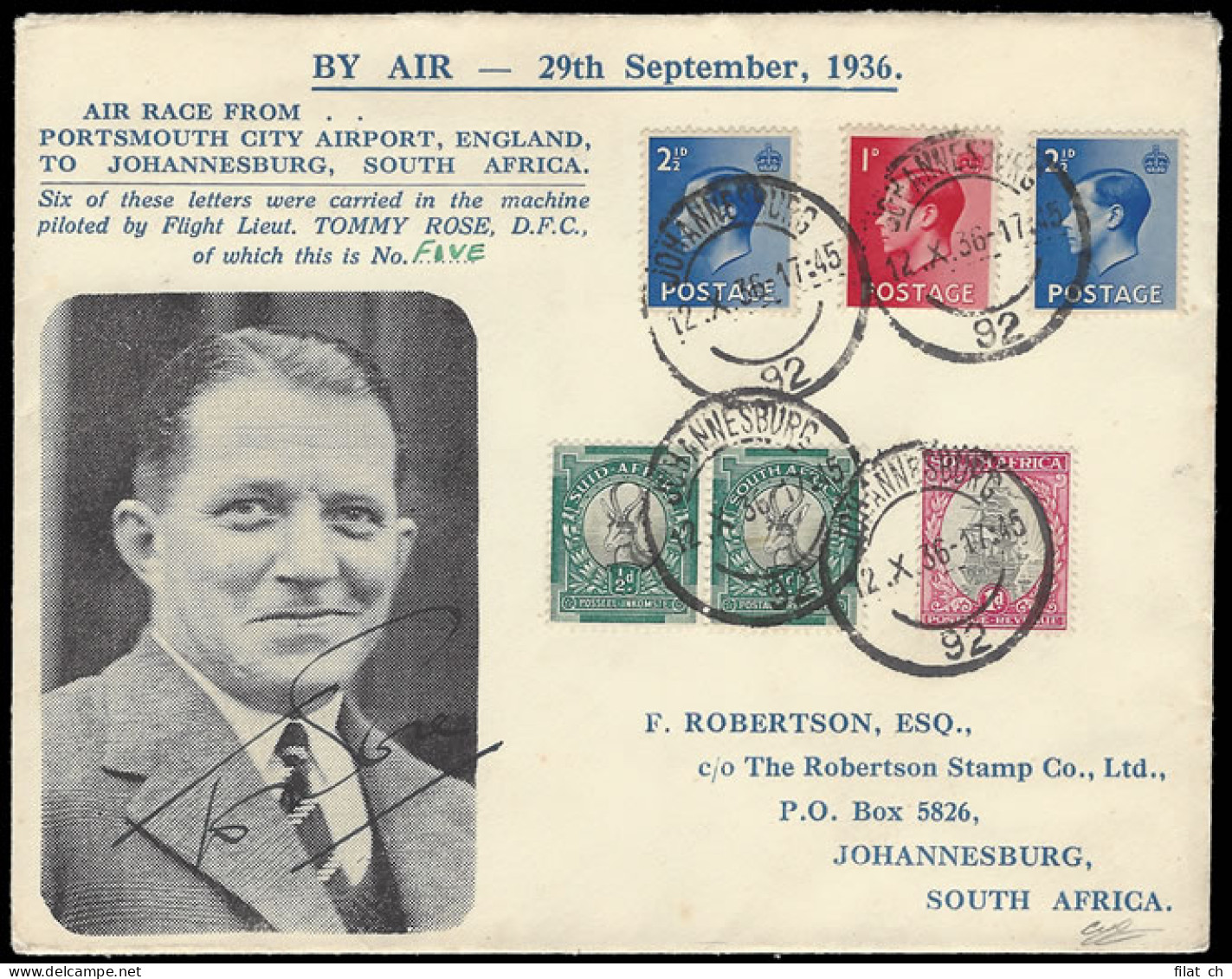 South Africa 1936 Schlesinger Air Race Tommy Rose Special Cover - Luftpost