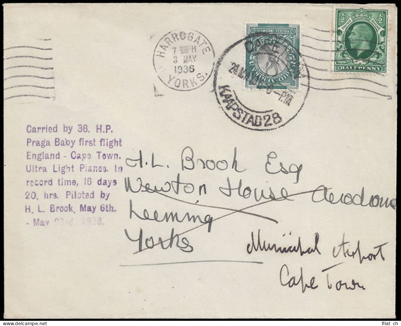 South Africa 1936 Praga Baby Flight Cover - Luftpost