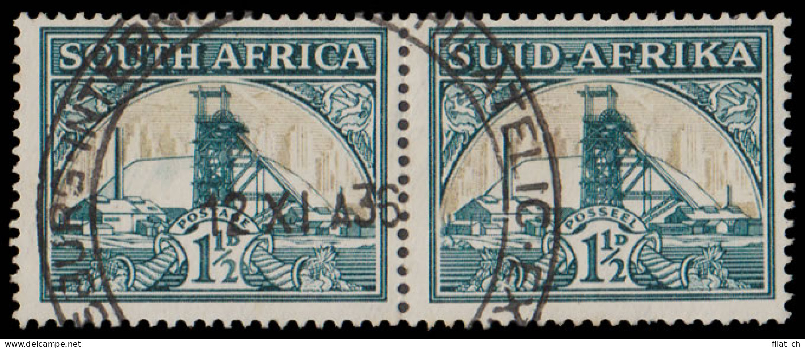 South Africa 1936 1&frac12;d Gold Mine Shading Omitted VF/U Pair - Unclassified