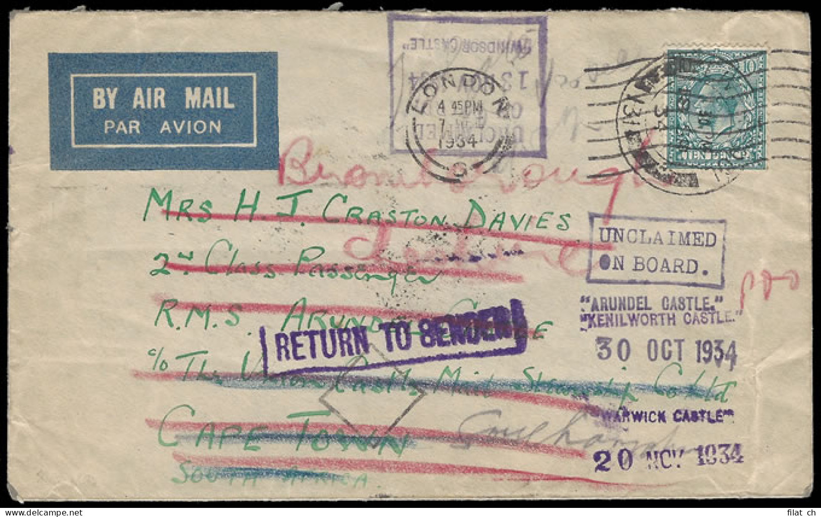 South Africa 1934 Union Castle Line Letter Multiple Re-Direction - Unclassified