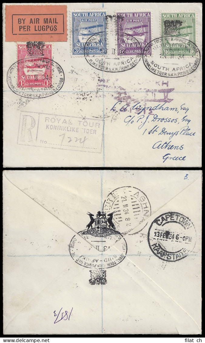 South Africa 1934 Royal Tour Cover To Greece, Full Set Airs - Unclassified