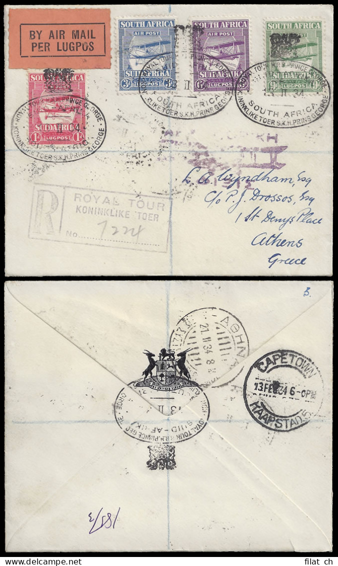 South Africa 1934 Royal Tour Cover To Greece, Full Set Airs - Non Classés