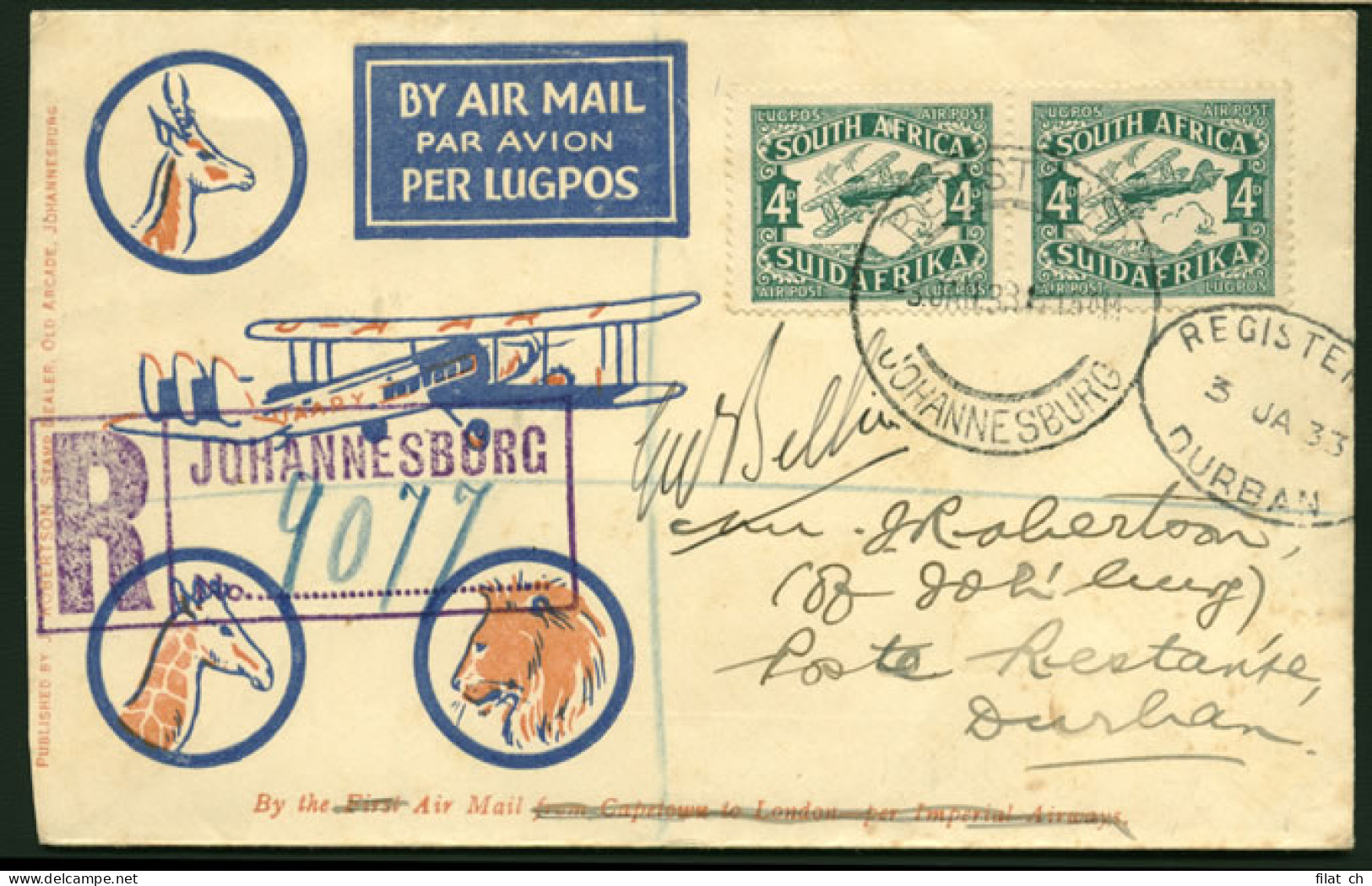 South Africa 1933 Union Airways Pilot Signed First Return Durban - Airmail