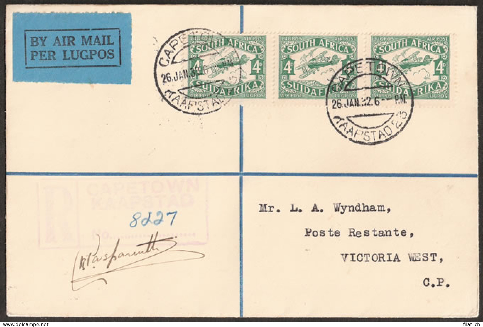 South Africa 1932 Pilot Signed First Flight To Victoria West - Luftpost