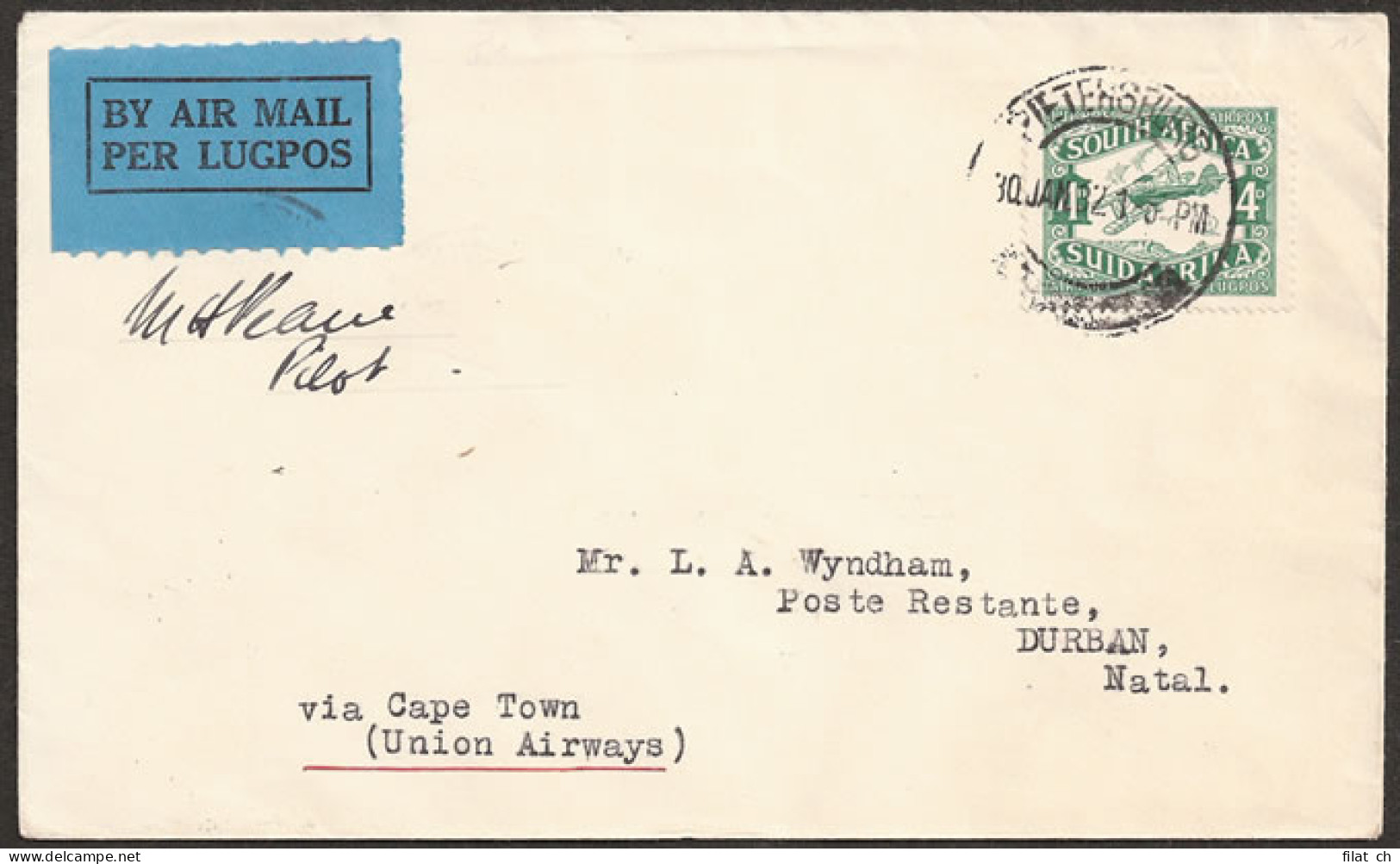 South Africa 1932 Imperial Airways To Cape, Pietersburg Signed - Luftpost