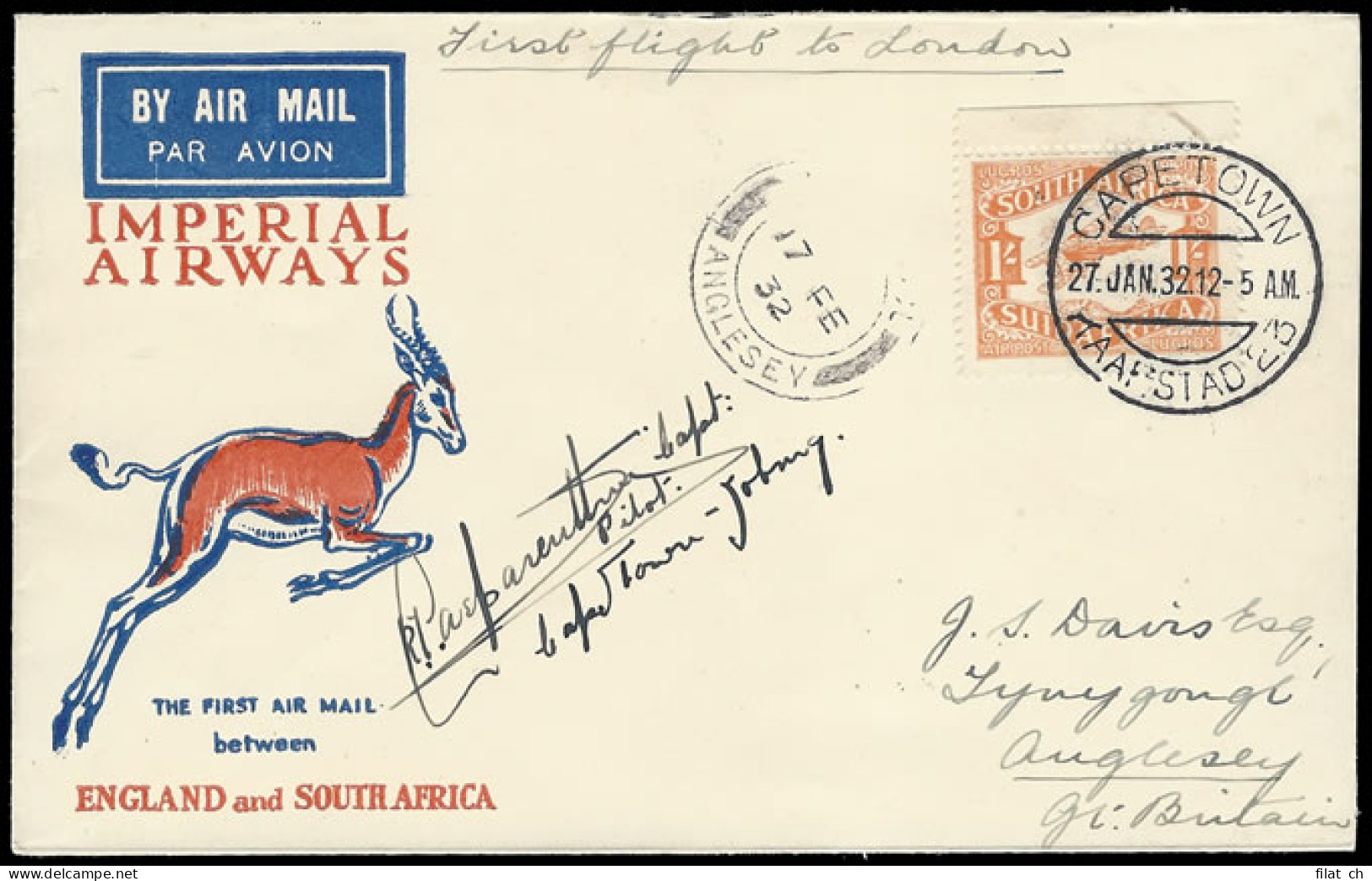 South Africa 1932 Imperial Airways First Cape - London, Signed - Luftpost