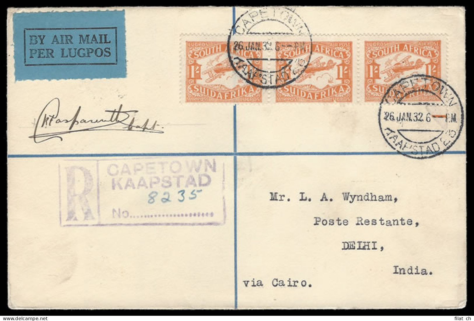 South Africa 1932 Imperial Airways Cape Extension Delhi, Signed - Airmail