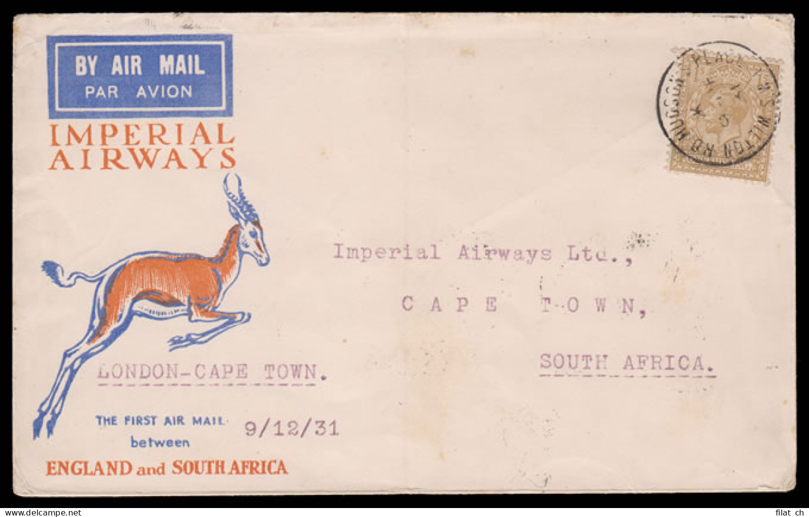 South Africa 1931 Imperial Airways Special Xmas Flight, 75 Flown - Luftpost