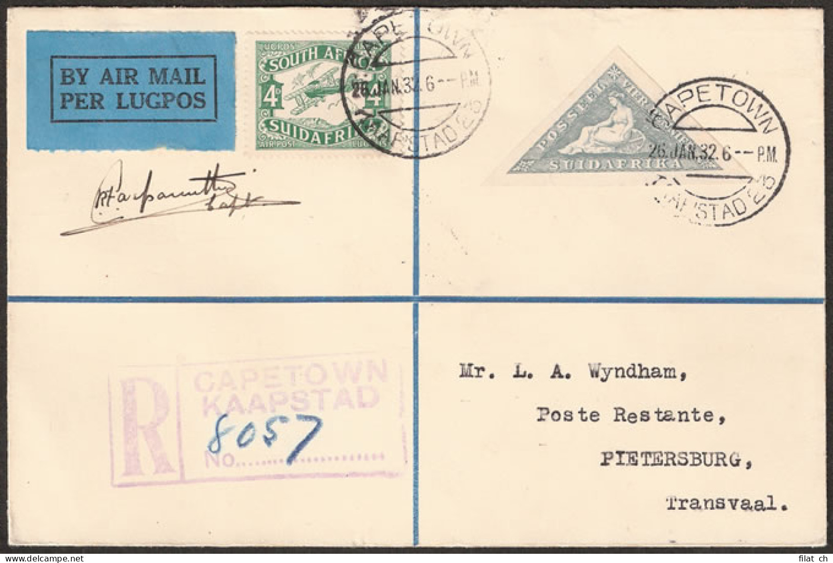 South Africa 1932 Cape Town To Pietersburg, Pilot Signed - Poste Aérienne