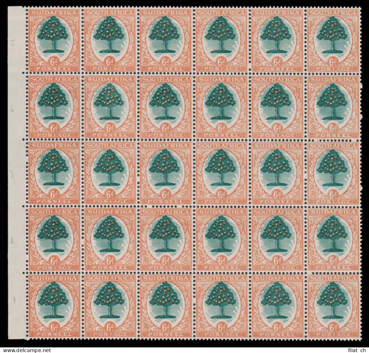 South Africa 1931 6d Orange Tree Shifted Centres, Scarce Block - Unclassified