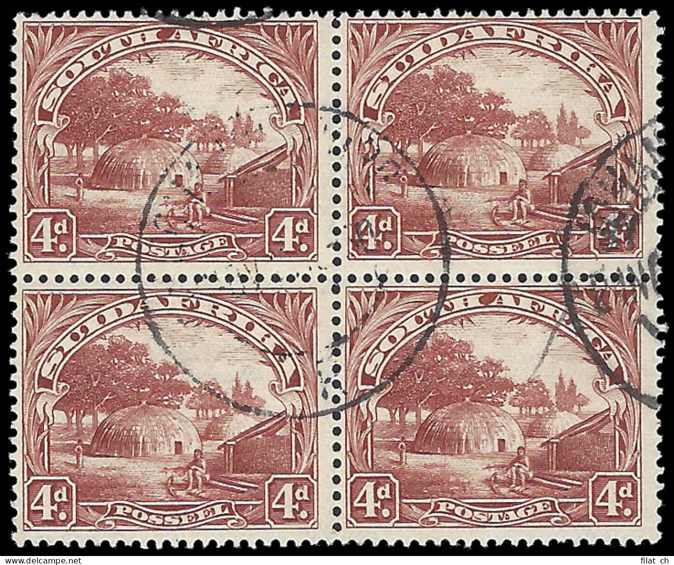 South Africa 1930 4d Brown Perf 14x13Â½ Block F/U - Ohne Zuordnung