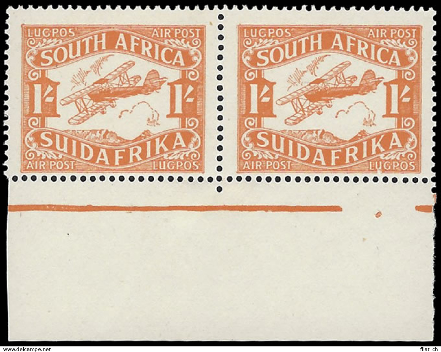 South Africa 1929 1/- Airmail White Spot Under "U" In Pair UM  - Sin Clasificación