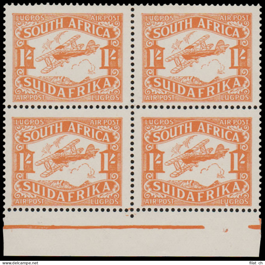 South Africa 1929 Airmails 1/- "Break In Bottom Frame" Block - Unclassified