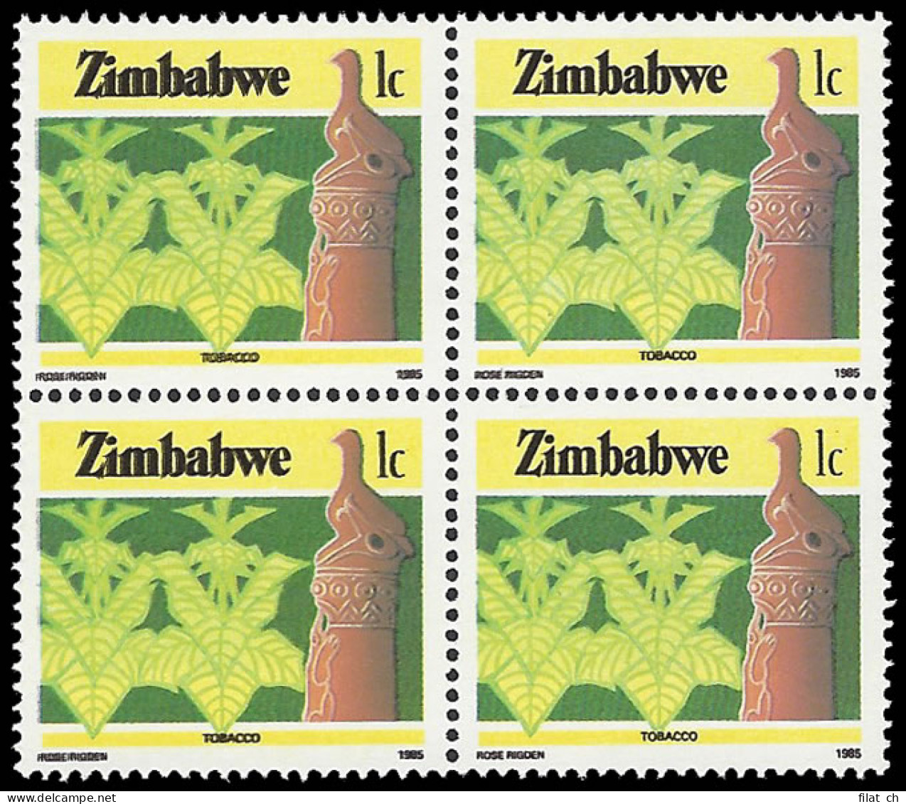 Zimbabwe 1985 1c Tobacco Black Printing Doubled Block - Zimbabwe (1980-...)