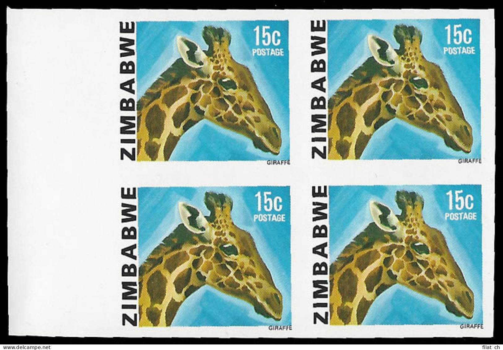 Zimbabwe 1980 15c Giraffe Imperforate Block - Zimbabwe (1980-...)