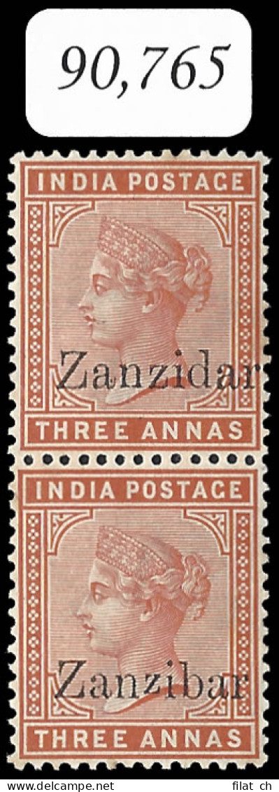 Zanzibar 1895 QV 3a ZanziDar & Small Second Z Pair With Cert - Zanzibar (...-1963)