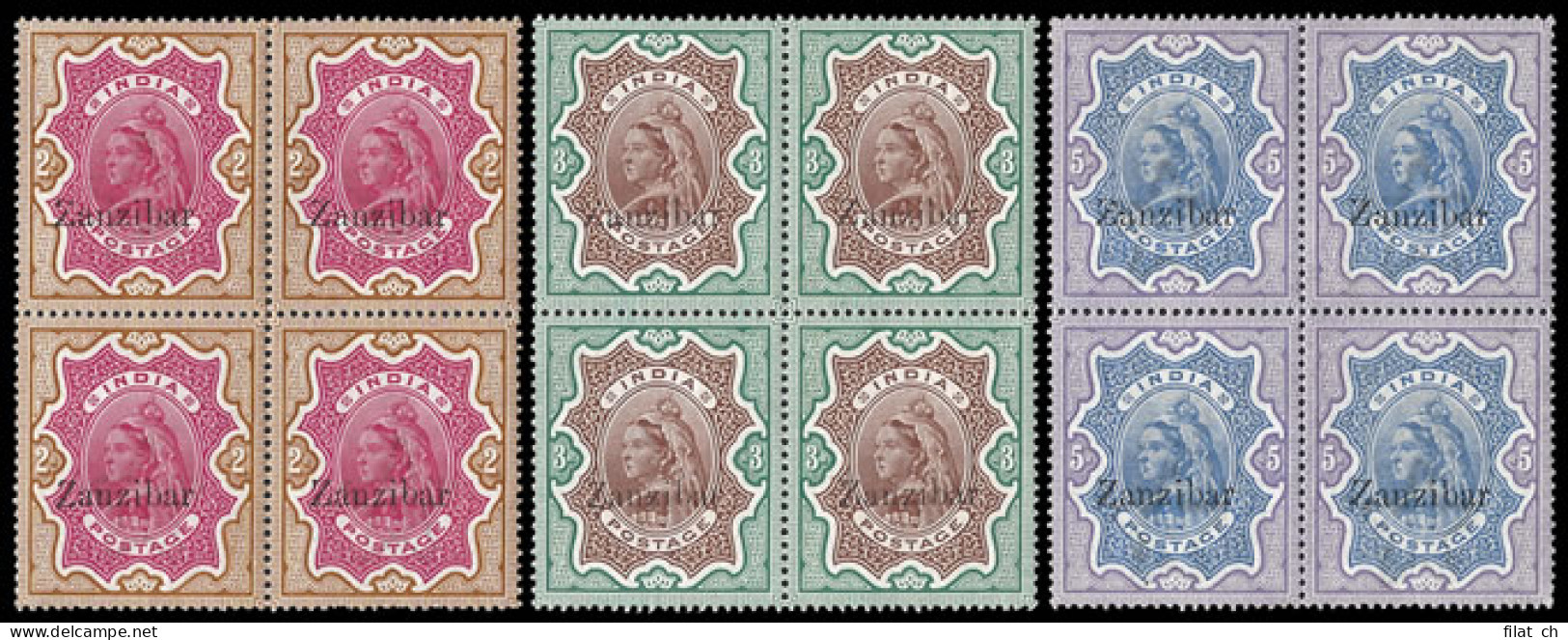 Zanzibar 1895 QV 2r - 5r Matching Plateable Blocks, Rare - Zanzibar (...-1963)